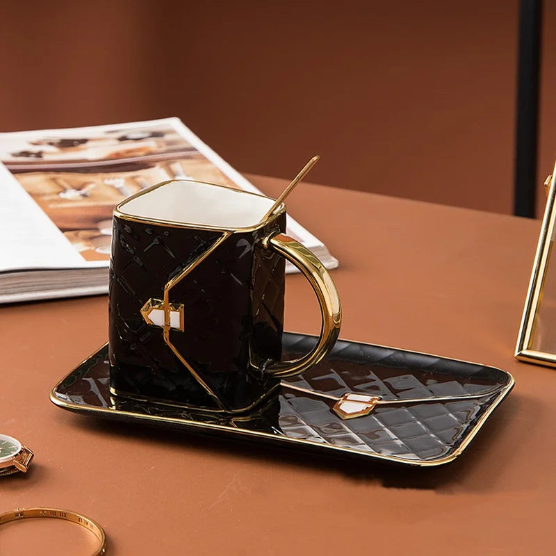 Handbag Shape Coffee Mug and Saucer Set Ceramic Tea Cup Gift with Luxury Aesthetic for Dessert Afternoon Water Cup Drinkware